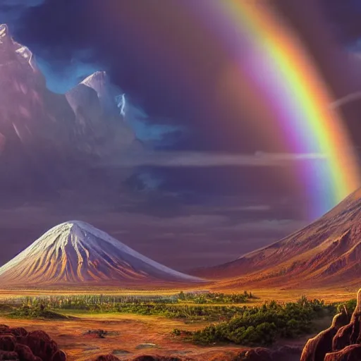 Prompt: a detailed matte painting of noah's ark, double rainbow in a clear blue sky, mount ararat, art by dan mumford and yusuke murata and makoto shinkai and ross tran, cosmic, heavenly, god rays, intricate detail, cinematic, 8 k, cel shaded, unreal engine, featured on artstation, pixiv