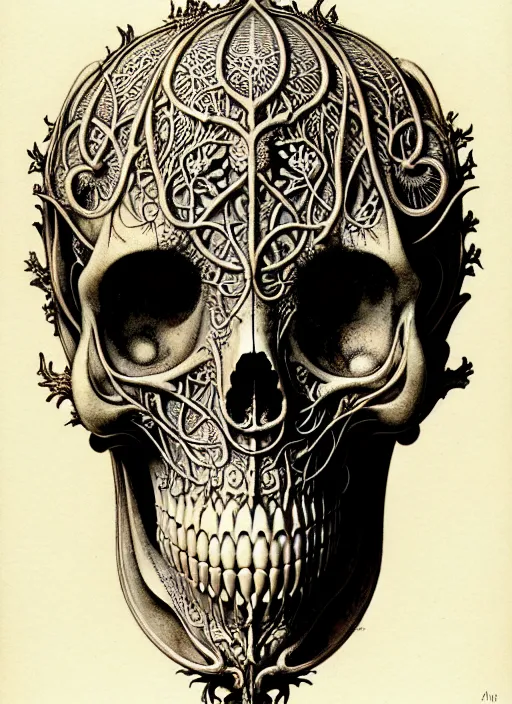 Image similar to art forms of nature by ernst haeckel, memento mori by arthur rackham, ornate antique porcelain beautiful skull mask, ultrasharp, photorealistic, hyperdetailed, octane render, polished, art nouveau, neo - gothic, gothic, intricate ornamental organic filigree, art nouveau botanicals, art forms of nature by ernst haeckel, horizontal symmetry, symbolist, visionary