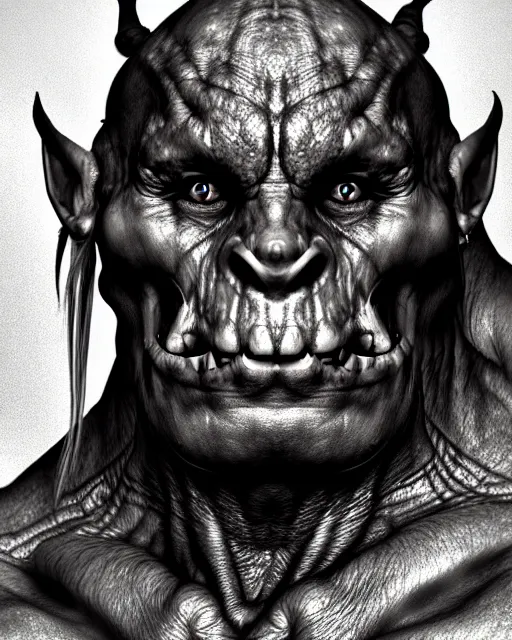 Image similar to orc, hyper realism, fine details, deviantart artstation, extremely detailed, black and white, very sharp, in the style of albrecht durer