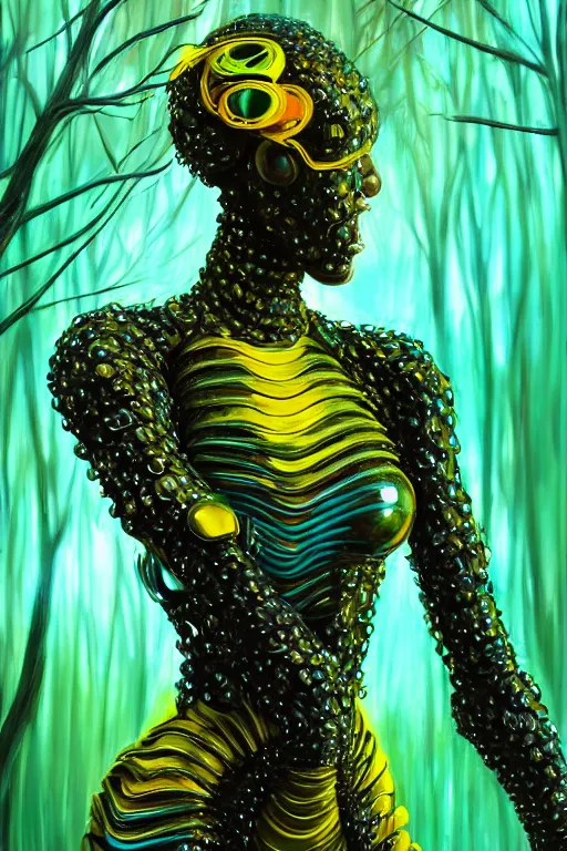 Image similar to hyperrealistic avant garde cinematic super expressive! black woman with exoskeleton armor, merging with tree in a forest, highly detailed digital art masterpiece, smooth cam de leon eric zener dramatic pearlescent soft teal yellow light, ground angle hd 8 k, sharp focus