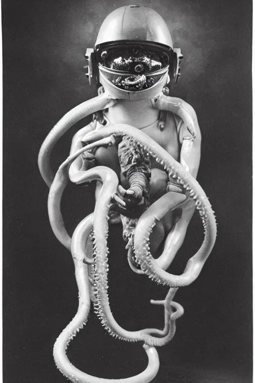 Image similar to extremely detailed studio portrait of space astronaut, alien tentacle protruding from eyes and mouth, slimy tentacle breaking through helmet visor, shattered visor, full body, soft light, disturbing, shocking realization, award winning photo by james van der zee