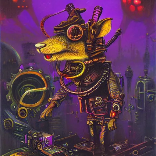 Image similar to steampunk rat, acid, 303, psychedelic, by paul lehr