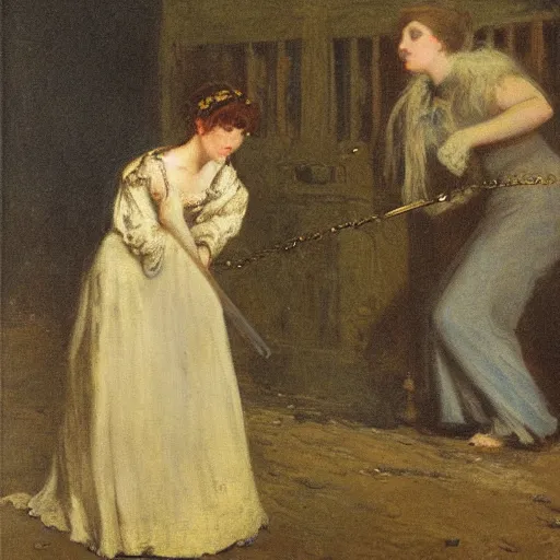 Image similar to young victorian woman lost in a dungeon fighting a monster, by alfred stevens