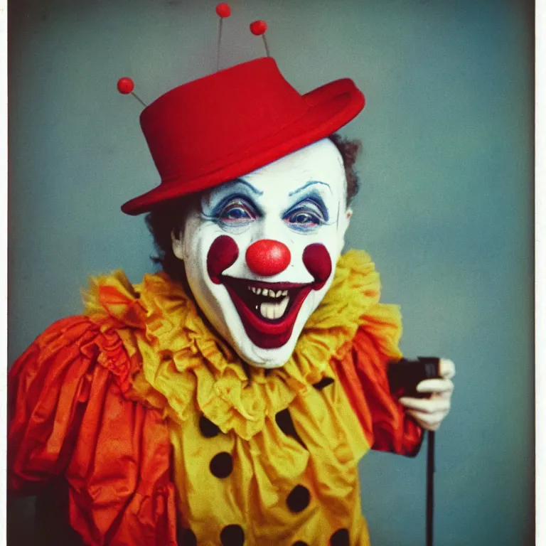 Prompt: color photo of the world's happiest clown, weathered polaroid, circa 1 9 8 6, technicolor, archival quality image, photograph scanned by