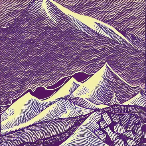 Prompt: a risograph of an beautiful mountain landscape