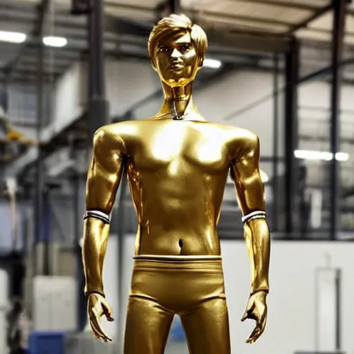 Image similar to a realistic detailed photo of a guy who is an attractive humanoid who is half robot and half humanoid, who is a male android, soccer players martin ødegaard, shiny skin, posing like a statue, blank stare, in a factory, on display, showing off his muscles, gold soccer shorts, back view