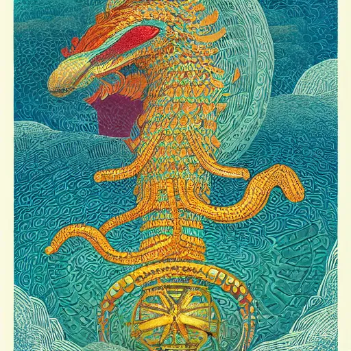 Image similar to illustration of quetzalcoatl, in colors # 1 1 3 4 a 6, # 7 3 c 2 fb, # 6 6 9 3 fs, # 9 8 fb 9 8, # 0 1 7 9 6 f, by studio multi and victo ngai, malika favre