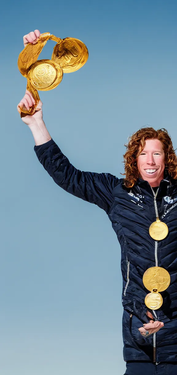 Image similar to high quality portrait of shaun white holding a gold medal with blue sky above him, rule of thirds, full body shot, sharp focus, extremely detailed, studio photography