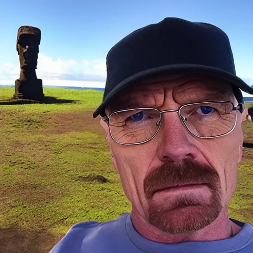 Prompt: walter white taking a selfie on rapa nui, moai