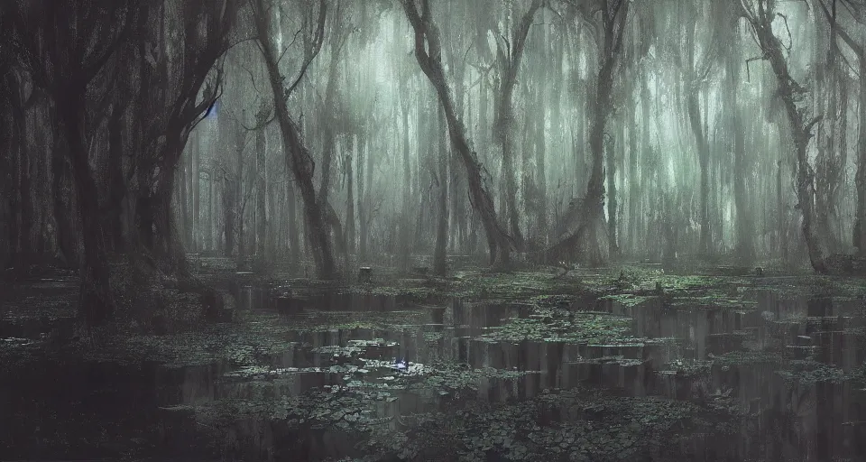 Prompt: A dense and dark enchanted forest with a swamp, by Ruan jia