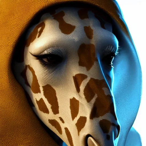 Image similar to a highly detailed portrait of a humanoid giraffe in a blue cloak, artstation, deviantart, professional, unreal engine 5, photorealistic