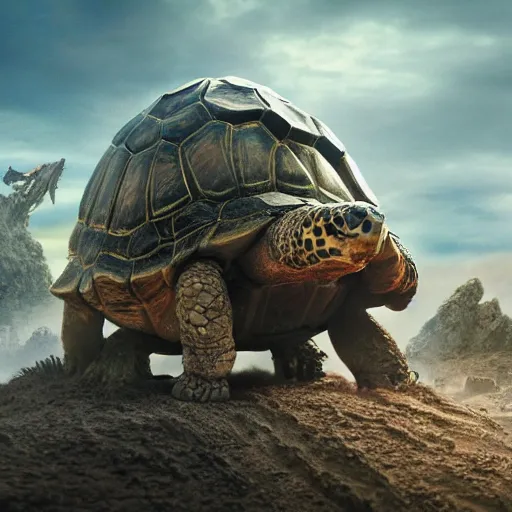 Image similar to gargantuan tortoise with a large fantasy castle armor walking through a sandy wasteland, howls moving castle, mortal engines, kaiju, distant shot birds eye view, fantasy, hyper detailed, 4 k,