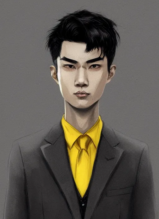 Prompt: a highly detailed illustration of attractive short black haired young asian man wearing suit, yellow eyes, dramatic thinking pose, intricate, elegant, highly detailed, centered, digital painting, artstation, concept art, smooth, sharp focus, league of legends concept art, WLOP