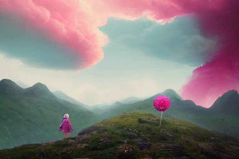 Image similar to giant dahlia flower head, girl walking on mountain, surreal photography, pink storm clouds, dramatic light, impressionist painting, digital painting, artstation, simon stalenhag