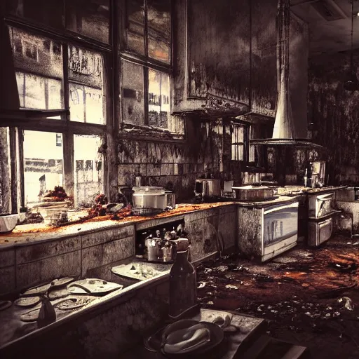 Prompt: kitchen - chef angry rotting zombie, detailled portrait, dilapidated restaurant interior, feeling of grimdark horror, daytime, high contrast, ultra intricate detailed, octane render, unreal engine