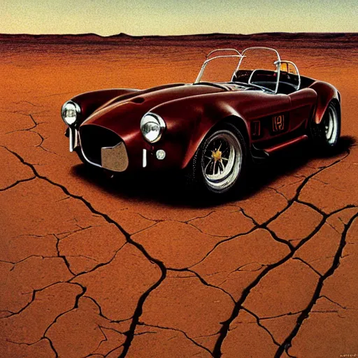 Prompt: closeup of rusty shelby cobra, vine covered, desert, cracked dry lake bed, by Zdzislaw Beksinski, Norman Rockwell, al duke, Valter de Morais, highly detailed, soft lighting, film grain, Portra 400, 8k resolution, hd, oil on canvas