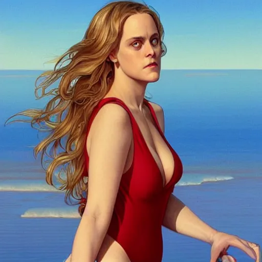 Image similar to ultra realistic illustration, alicia silverstone wearing a red v - neck one - piece swimsuit, intricate, elegant, highly detailed, digital painting, artstation, concept art, smooth, sharp focus, illustration, art by artgerm and greg rutkowski and alphonse mucha