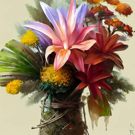 Image similar to Concept art, Contemporary tropical flower bouquet, 8k, james gurney, greg rutkowski, john howe, artstation