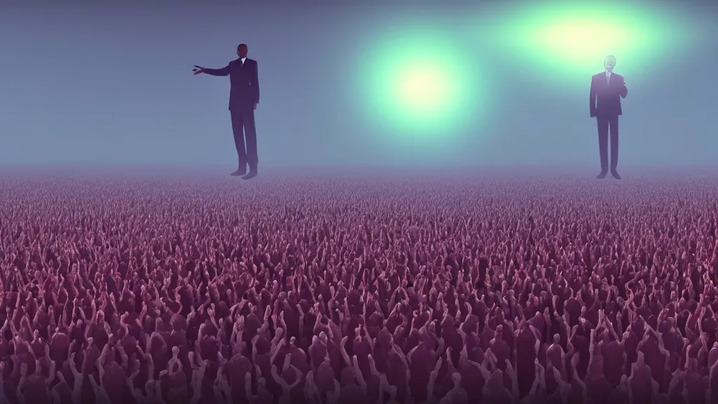 Image similar to 1000 vampire Obama clones with plasma eyes worshipping their Obama god floating above ; render by Beeple, 4K