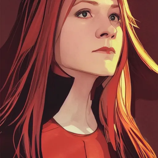 Image similar to Erin Moriarty as Wanda Maximoff, character design, detailed, artstation, concept art, smooth, sharp focus, aesthetic, illustration, trending on ArtStation by artgerm and greg rutkowski and alphonse mucha and J. C. Leyendecker and Edmund Blair Leighton and Katsuhiro Otomo and Geof Darrow and Phil hale and Ashley wood and Ilya repin and Charlie Bowater