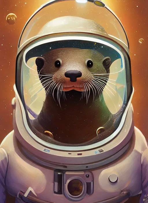 Image similar to a portrait of a cute otter with a space helmet, swimming through a beautiful galaxy!!!, detailed, artstation, art by miyazaki and rhads