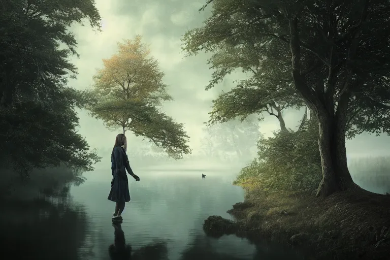Image similar to an ultra realistic, cinematic headshot portrait, of girl, background of a vast serene landscape, with trees and rivers, detailed, deep focus, movie still, dramatic lighting, ray tracing, by michal karcz and yoshitaka amano