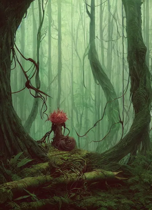 Image similar to a hyper realistic witch shrine in the woods gorgeous lighting, lush forest foliage painting by chiara bautista and beksinski and norman rockwell and greg rutkowski weta studio, and lucasfilm