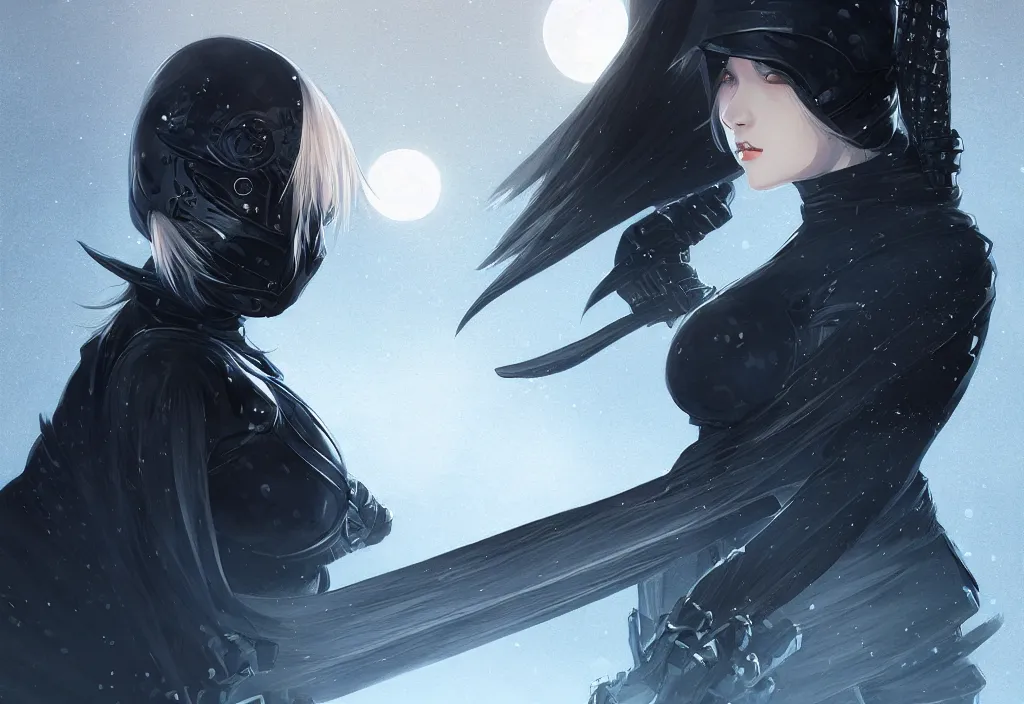 Image similar to portrait ninja gaiden girl, armored black shiny ninja wardrobe, at snowy fuji mountain moonlight, ssci - fi and fantasy, intricate and beautiful and elegant, digital painting, artstation, concept art, smooth and sharp focus, illustration, art by tian zi and wlop and alphonse mucha