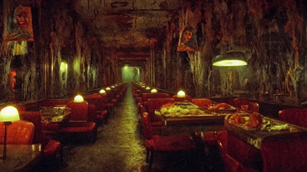 Image similar to the haunted fast food restaurant, film still from the movie directed by denis villeneuve and david cronenberg with art direction by salvador dali and zdzisław beksinski, wide lens