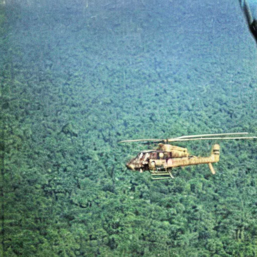 Image similar to american helicopter flying over the jungles of vietnam 1 9 7 0 s, 8 k detail