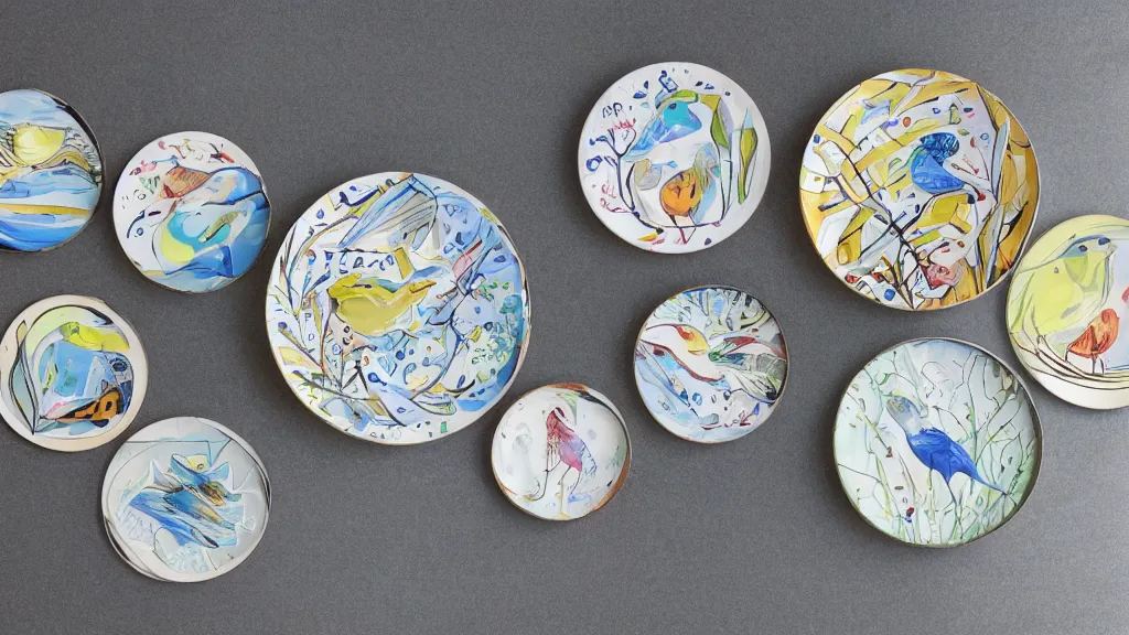 Prompt: plates with vitreous enamel artwork