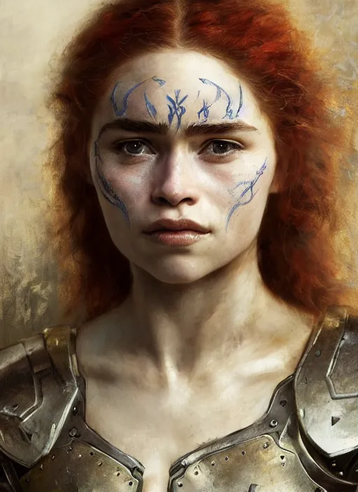 Image similar to short muscular redheaded woman wearing realistic medieval armour, young emilia clarke face paint, detailed by gaston bussiere, bayard wu, greg rutkowski, giger, maxim verehin, greg rutkowski, masterpiece, sharp focus, cinematic lightning