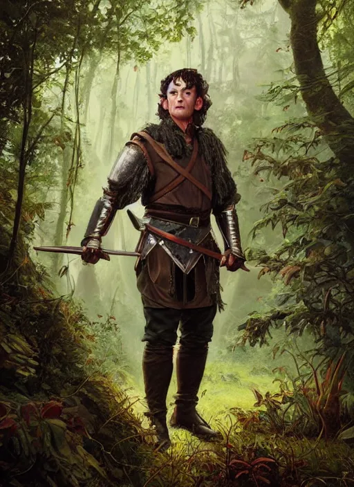 Prompt: a portrait painting of a grim fighter male hobbit wearing leather armor on a beautiful lush forest meadow, morning, art by Tristan Eaton, Stanley Artgerm, Tom Bagshaw, Greg Rutkowski, Carne Griffiths