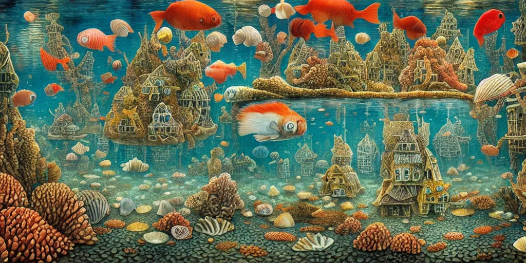 Image similar to underwater city inside!! the seashell, seaweed, corals, carps, koi fish, small scandinavian!!! houses, little people!!!, by jacek yerka by levitan, surrealistic painting, masterpiece, oil painting, sharp focus, highly detailed, intricate, smooth, 8 k,