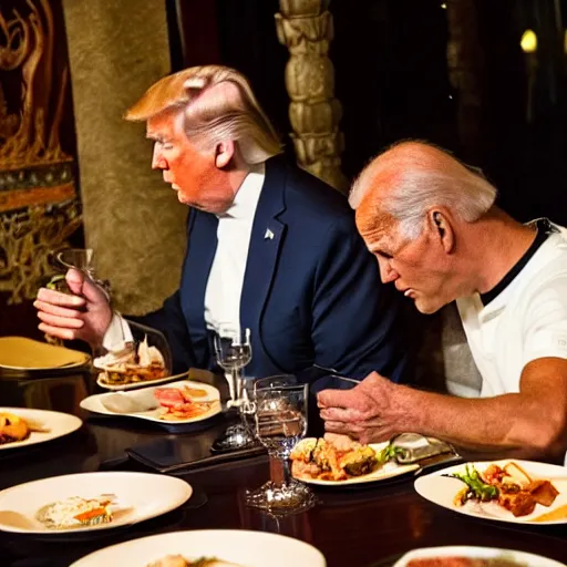 Image similar to Trump and Biden having dinner at a fancy Balinese restaurant, award winning photography, 85mm, perfect faces