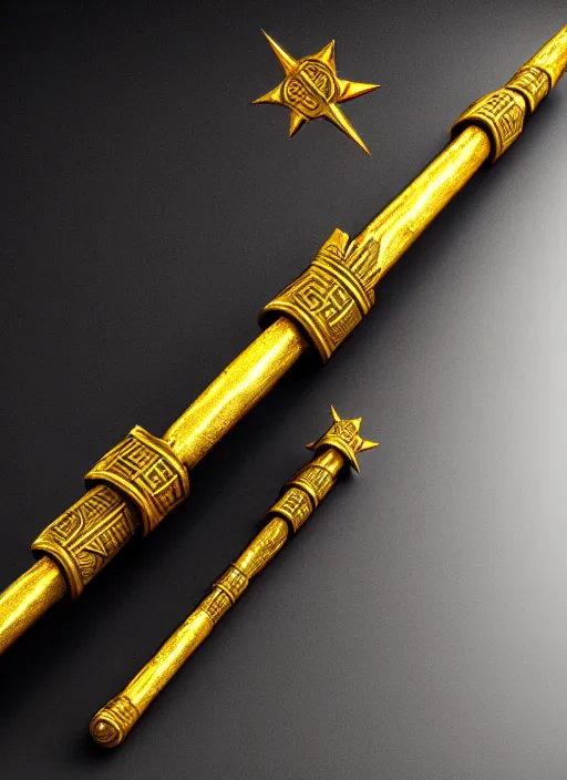 Image similar to rpg item render, a single egyptian gold staff, ancient symbols, bright, Unreal 5, DAZ, hyperrealistic, octane render, dynamic lighting