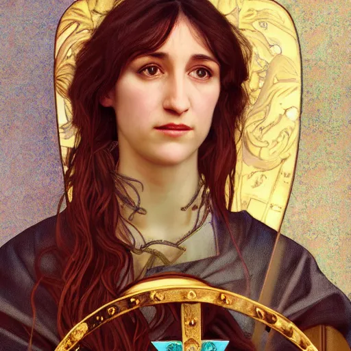 Image similar to portrait of charlotte gainsbourg as joan of arc, hyperreal digital painting, iconography influenced by alphonse mucha and eugene delacroix, arstation and deviantart trends, high resolution 8 k