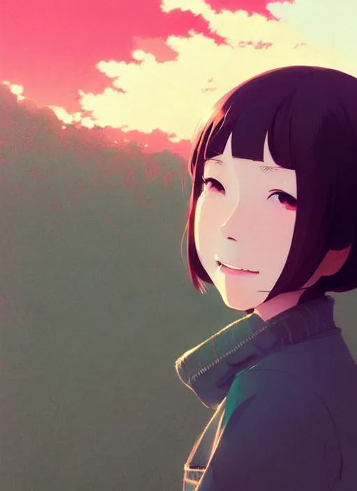 Image similar to portrait of a smiling girl by ilya kuvshinov, cloudy sky background lush landscape ln illustration concept art anime key visual trending pixiv by victo ngai fanbox by greg rutkowski makoto shinkai takashi takeuchi studio ghibli