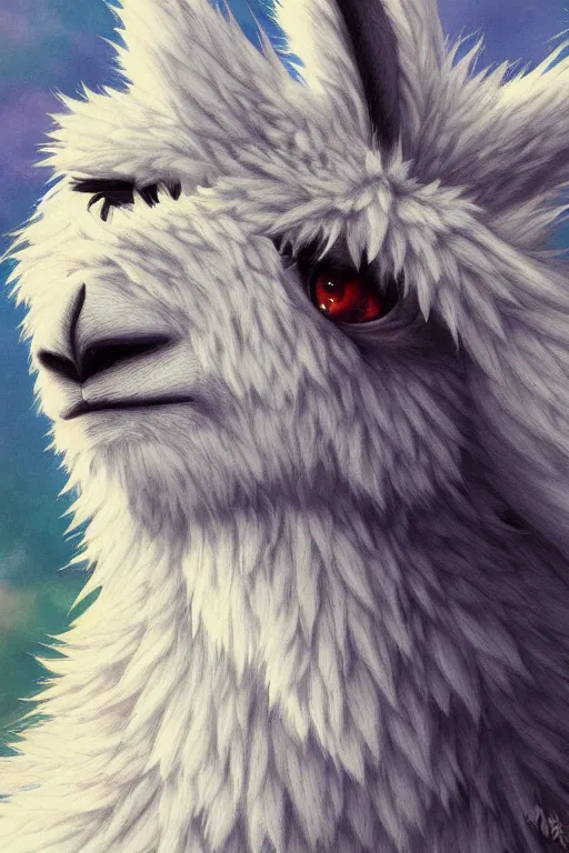 Image similar to Highly detailed anime, wild fluffy llama portrait, studio Ghibli, Makoto Shinkai,