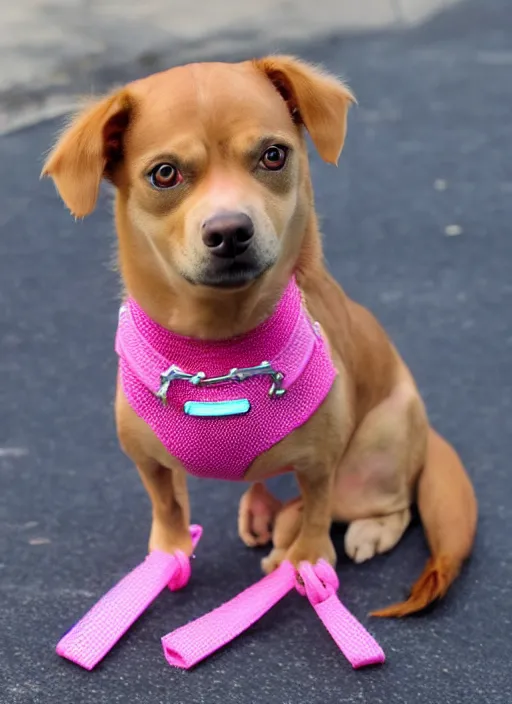 Prompt: fully grown tan pit bull, long - haired chihuahua, pomeranian mix, wearing a pink harness