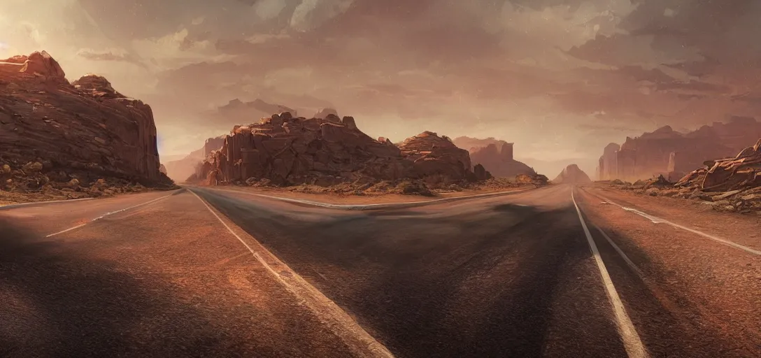 Prompt: a desolate highway in the middle of the nevada desert, drawn by artgerm and greg rutkowski, establishing shot, opening film shot, video game cinematic, highly detailed, digital painting, concept art, movie poster art, cinematic framing, cinematic lighting, illustration, trending on artstation