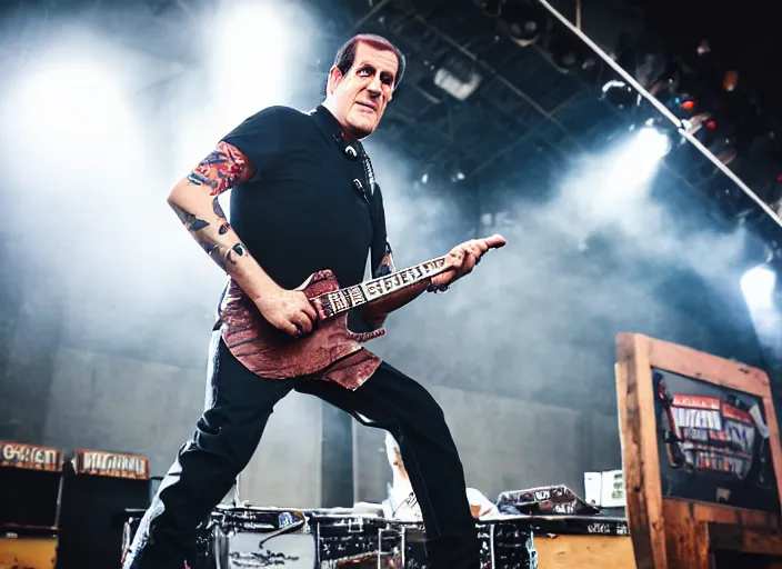 Image similar to photo still of herman munster on stage at vans warped tour!!!!!!!! at age 3 3 years old 3 3 years of age!!!!!!!! shredding on guitar, 8 k, 8 5 mm f 1. 8, studio lighting, rim light, right side key light