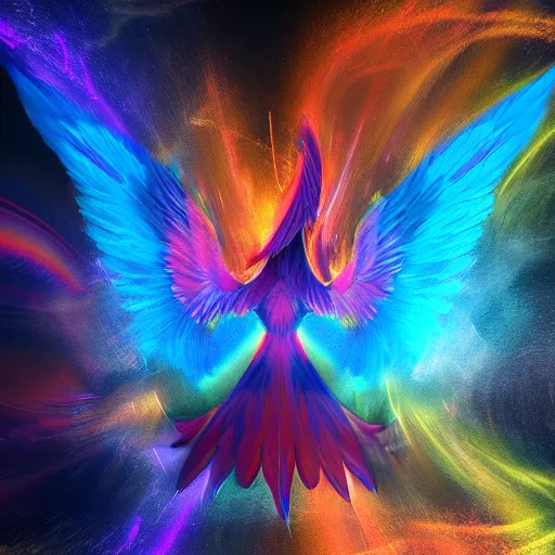 Prompt: a fantasy painting of an abstract rainbow phoenix on a dark background, high contrast, positive energy, unreal engine 5, Houdini render