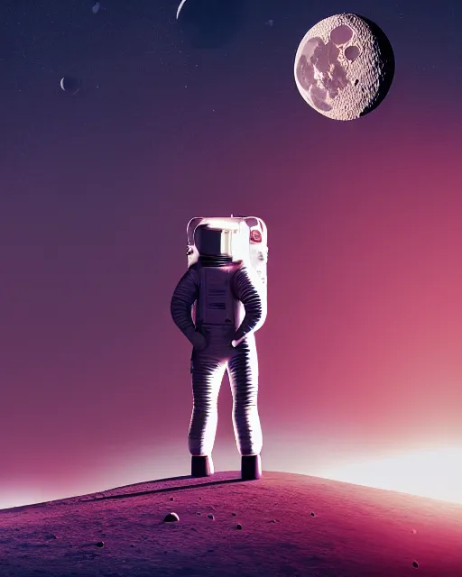 Image similar to a common person standing in front of a glowing open door that's on the moon, poster art by mike winkelmann, trending on cg society, space art, sci - fi, ue 5, futuristic, volumetric lighting