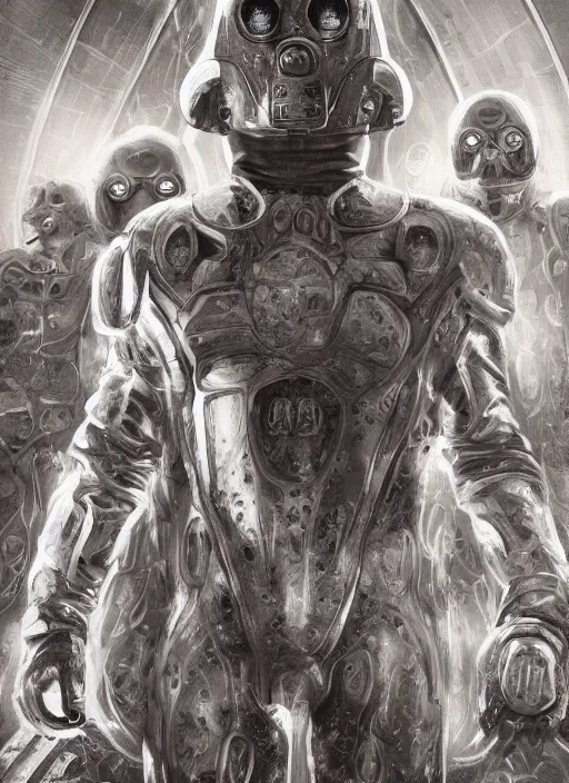 Image similar to symmetrical astronauts in dark and empty void underwater - complex and hyperdetailed technical suit. reflection and dispersion materials. rays and dispersion of light. volumetric light. 5 0 mm, f / 3 2. noise film photo. flash photography. ultra realistic, wide angle. poster by wayne barlowe, hajime sorayama aaron horkey, craig mullins