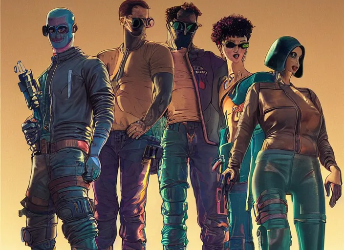 Image similar to cyberpunk heist crew. portrait by stonehouse and mœbius and will eisner and gil elvgren and pixar. character design. realistic proportions. dystopian. cyberpunk 2 0 7 7, apex, blade runner 2 0 4 9 concept art. cel shading. attractive face. thick lines.