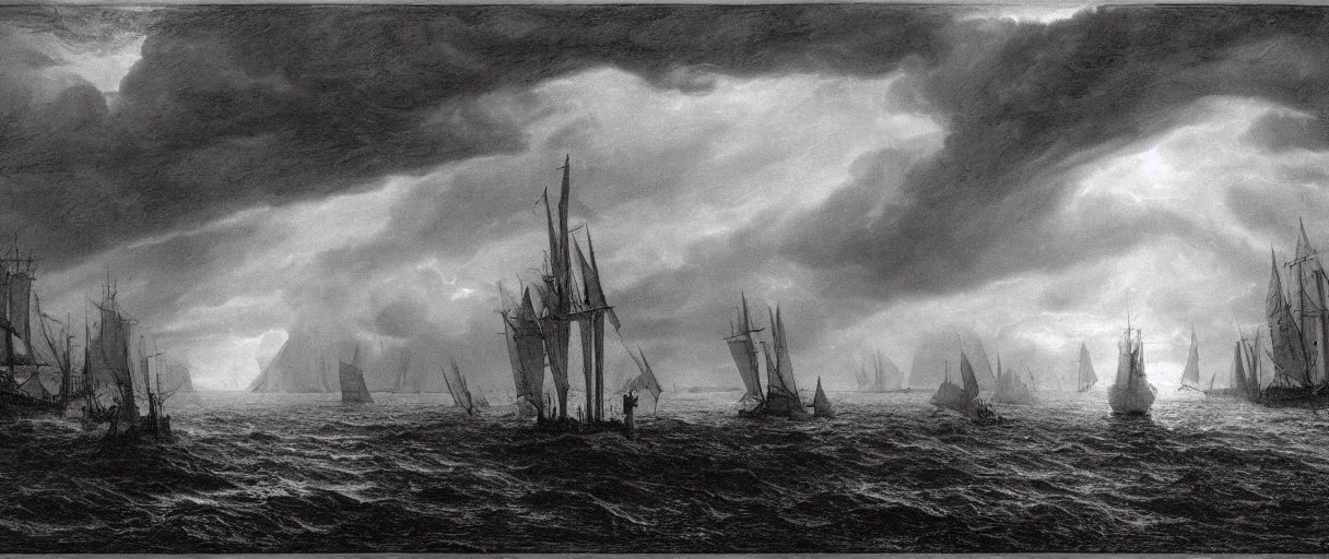 Image similar to an engraving portrait of dagon, caspar david friedrich, foggy, depth, strong shadows, stormclouds, illuminated focal point, highly detailed