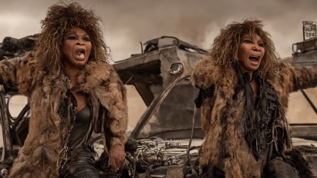 Image similar to tina turner in mad max with dirty ( hyperdetailed face ) riding a cyberpunk steam train, dystopian landscape, rail waggons, cyberpunk, hyperdetailed, 8 k, black smoke, oscar movie shot, cinematic