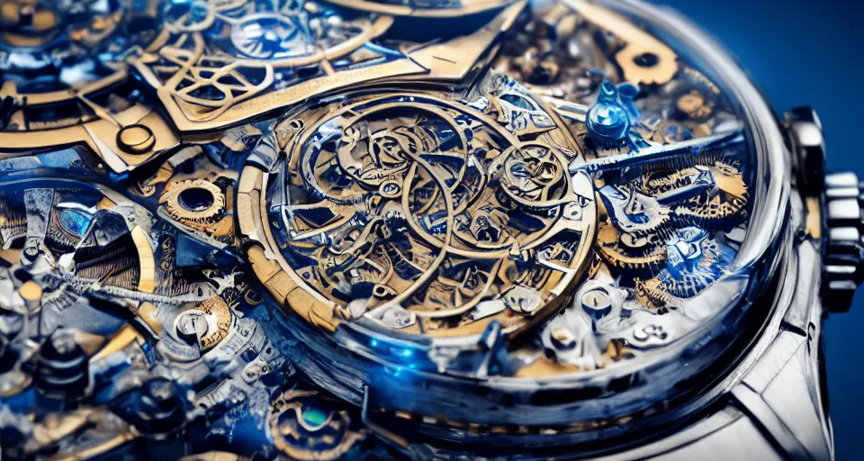 Image similar to complex 3 d render of a futuristic steampunk watch lying on a table, high detail, sharp focus, glowing blue interior components, fractal detail, depth of field, bokeh, cinematic lighting and composition, octane render, film grain, rolex, nordgreen, montblanc