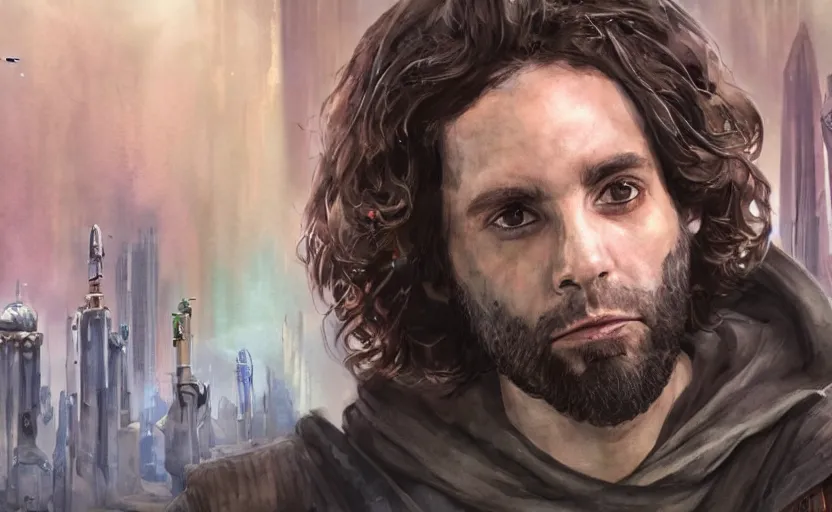 Image similar to a realistic star wars watercolor fantasy concept art of chris d'elia as a drug dealer in a sleazy futuristic city of coruscant, hq, 4 k